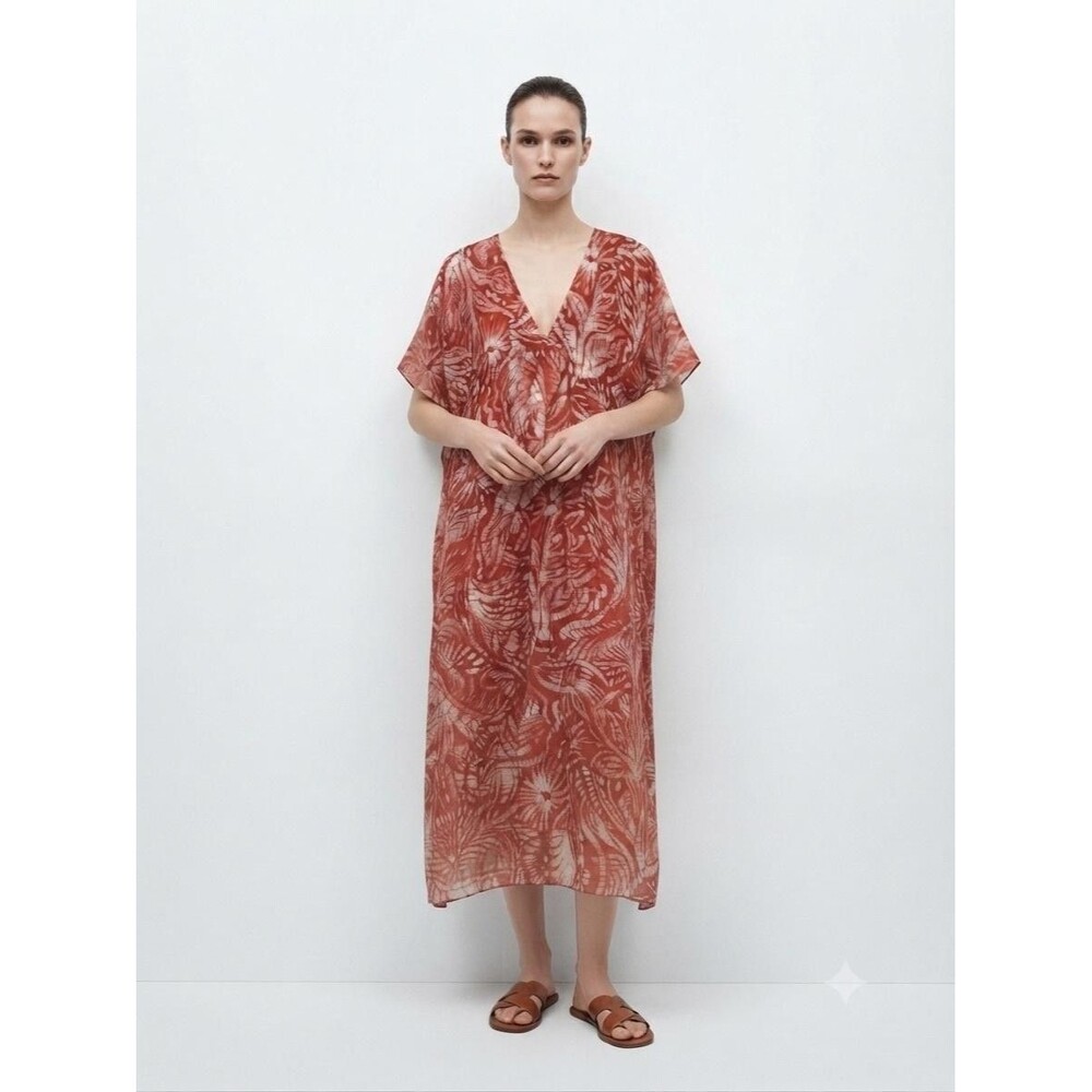 Zara Dress Womens L Red Floral Sheer V Neck Kaftan Kimono Sleeve Midi Boho